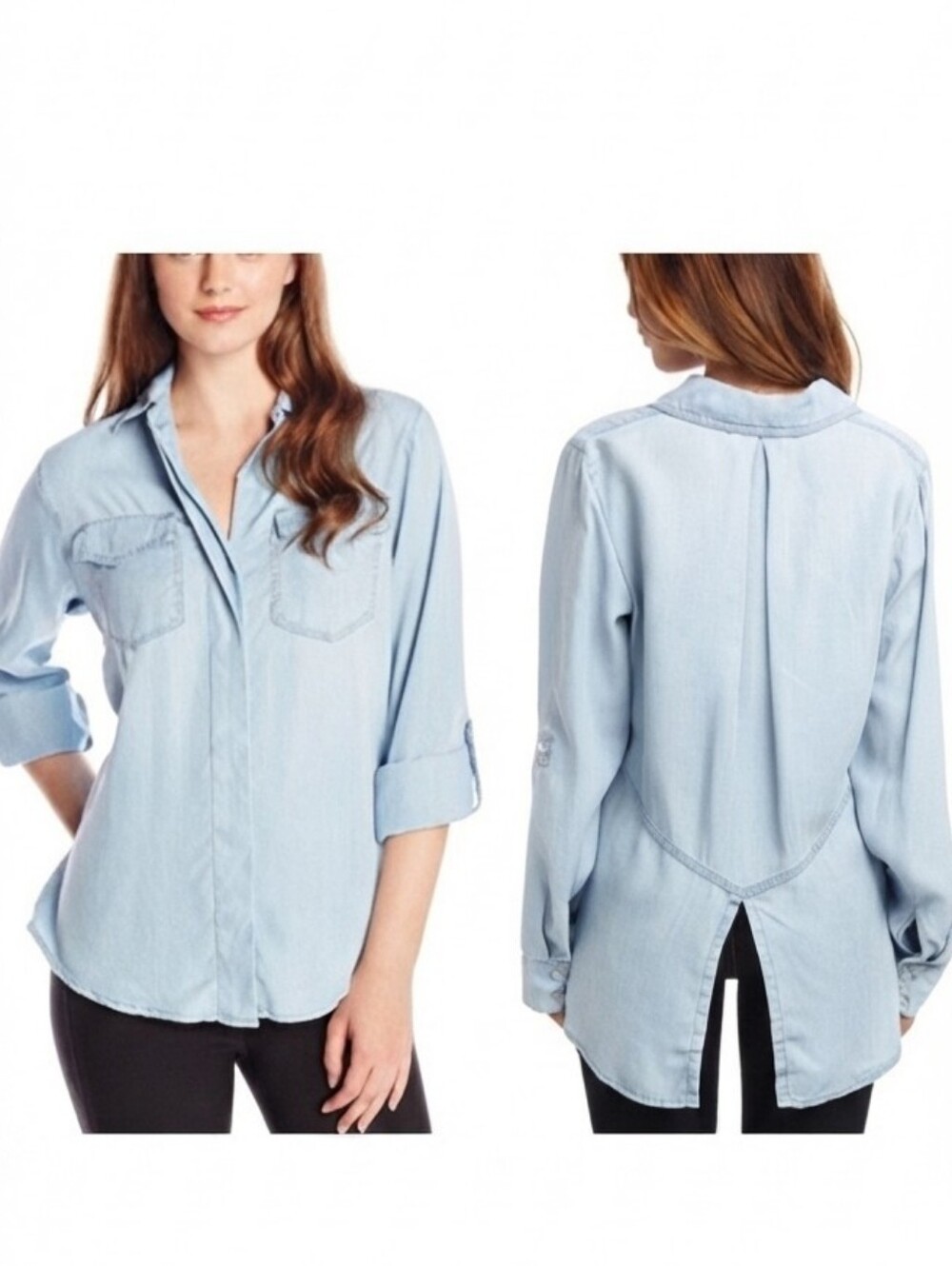 SAM EDELMAN Denim Chambray Button Down Shirt Split Back Sz. L Long Sleeve Roll
